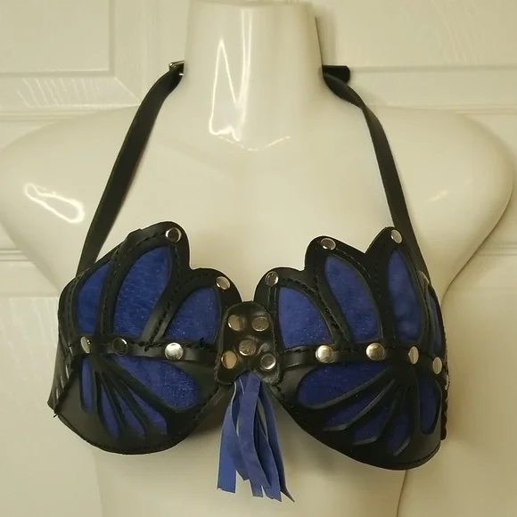 Leather And Suede Blue And Black  Costume Bra - Picture 4 of 10